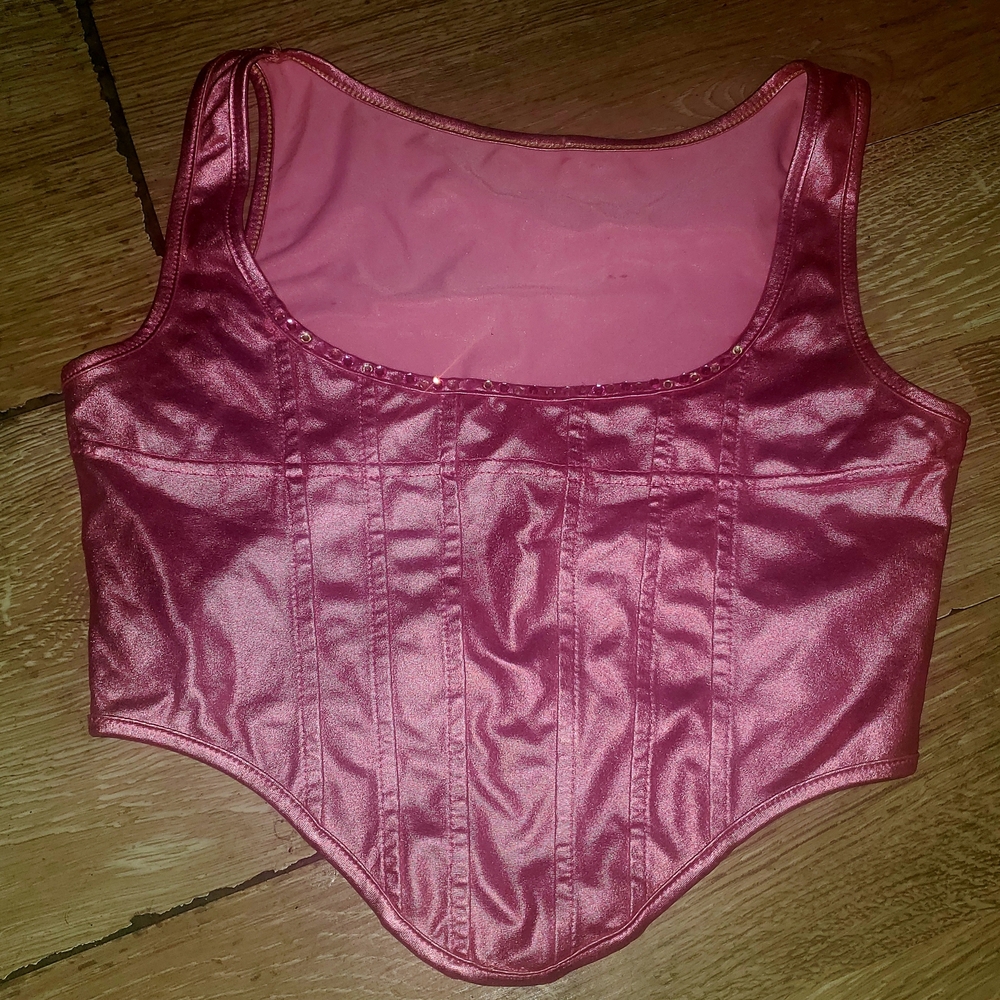 Kollyy Pink Satin Metalic Corset Top W. Rhinestone Collar